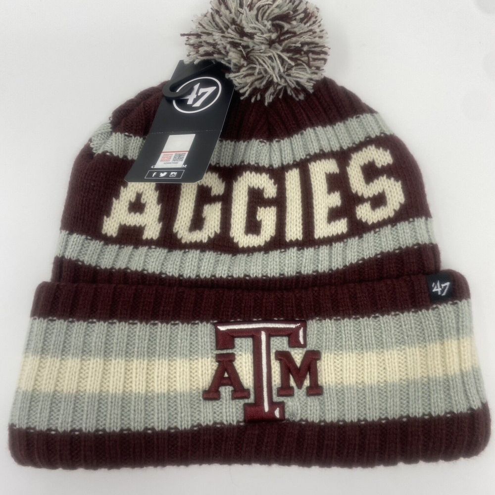 Texas A&M Aggies '47 Brand Pom Beanie Maroon Stripe Cuff Knit Cap Winter Hat NEW